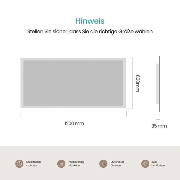EMKE Badspiegel mit LED-Beleuchtung 120 x 60 cm, Kalt-/Warmweiß, Kippschalter, Anti-Beschlag, Spiegelglas 5 mm kupferfrei & rostfrei