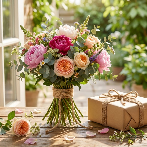 Blumenstrauß aus Pfingstrosen und Rosen mit Eukalyptus auf einem Holztisch neben einem Geschenk