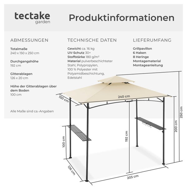 Infografik zum tectake Grillpavillon mit Maßen 240 mal 150 mal 250 Zentimeter, zwei Ablagen, Haken und technischen Informationen zum Material.