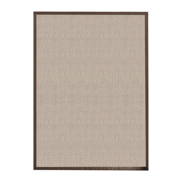 Rechteckiger beiger Teppich mit strukturierter Oberfläche und dunkler Bordüre.