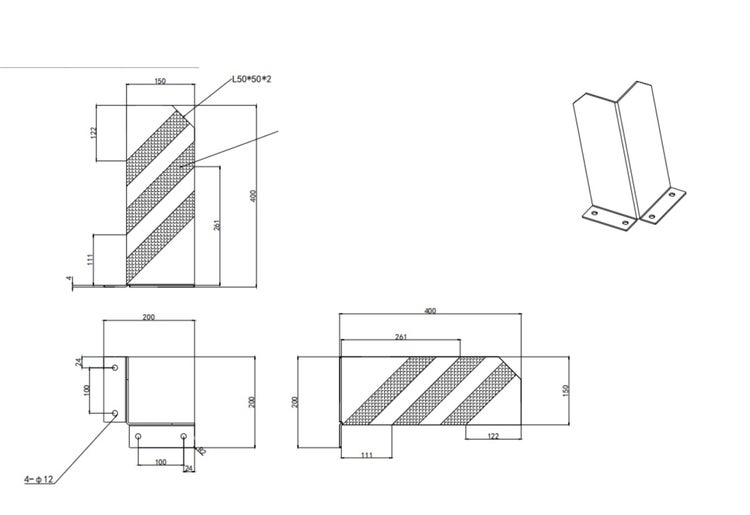 Technische Zeichnung eines Eckschutzprofils mit Maßen in Millimeter, inklusive 3D-Skizze und verschiedenen Ansichten.
