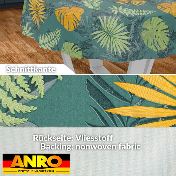 Abwaschbare Tischdecke mit tropischem Blättermuster, Detailansicht der Schnittkante und der Rückseite aus Vliesstoff. ANRO Logo.