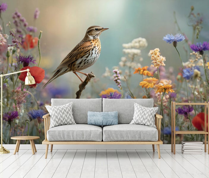 Fototapete mit einem Vogel auf einem Ast vor einer blühenden Blumenwiese in einem Wohnzimmer mit grauen Sofa und hellem Holzboden.