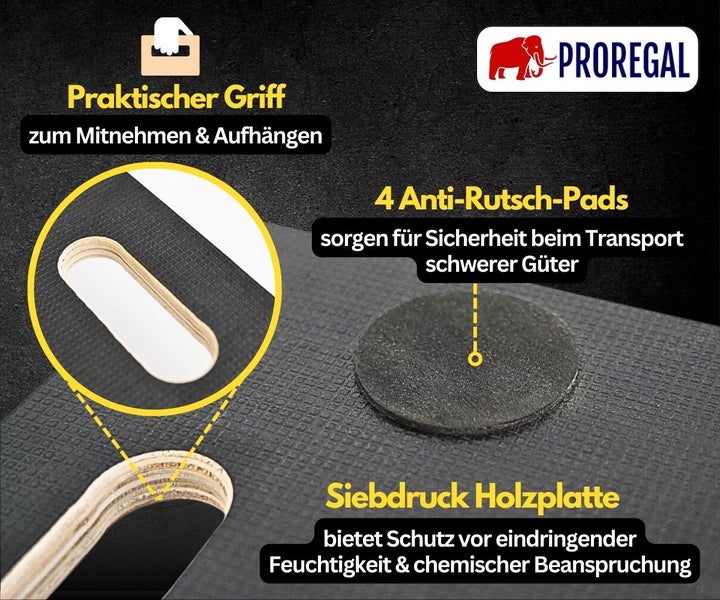 Transportroller Details mit Tragegriff, vier Anti-Rutsch-Pads und feuchtigkeitsbeständiger Siebdruck Holzplatte. Proregal Logo.