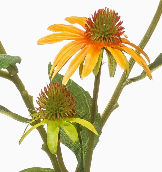 Künstliche Echinacea orange mit zwei Blütenköpfen und grünen Blättern.