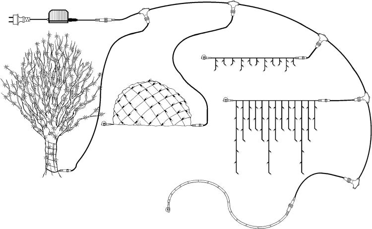 Schematische Darstellung einer Weihnachtsbeleuchtung mit verschiedenen Elementen wie Lichterketten für Bäume, Netze, Eisregenlichter und Bodenelemente.