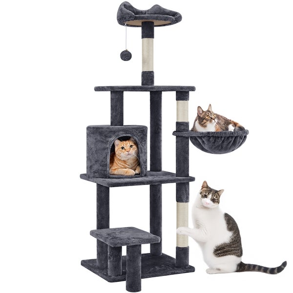 Grauer Katzenbaum mit Katzenhaus, Liegemulde und Kratzsäule