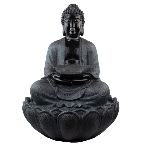 Sitzende Buddha-Statue auf einer Lotusblüte mit Schale, Gartenfigur aus wetterfestem Material.