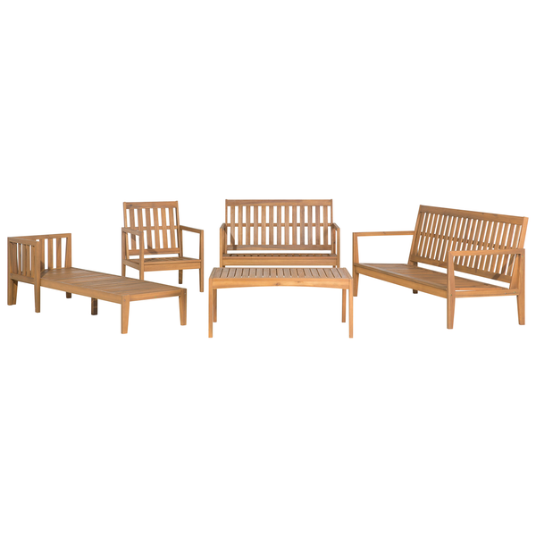 Gartenmöbel Set aus Holz bestehend aus einer Gartenbank, zwei Stühlen und einem Tisch für den Außenbereich.