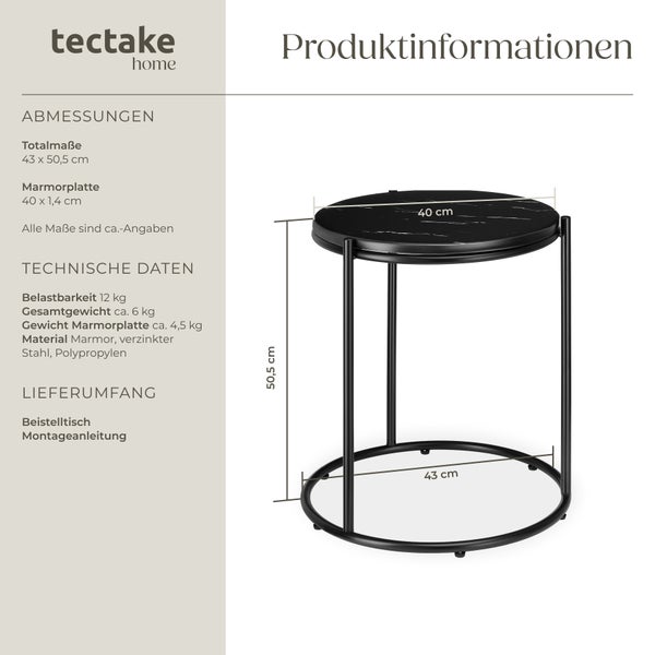 Beistelltisch tectake Ellsa 43 x 43 x 50,5 cm hochwertige Marmorplatte schwarz/schwarz