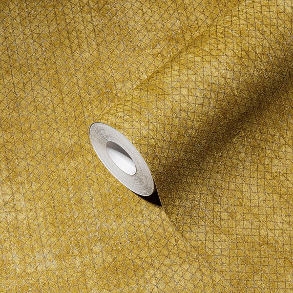 Eine Rolle gelbe Tapete mit geometrischem Muster.