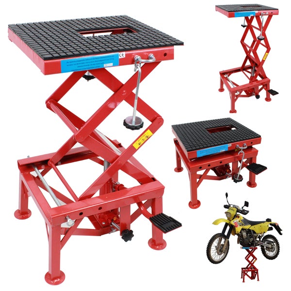 Roter hydraulischer Motorrad-Scherenheber aus Stahl mit schwarzer gummierter Plattform, Fußpedal zur Höhenverstellung und Sicherungsbolzen.