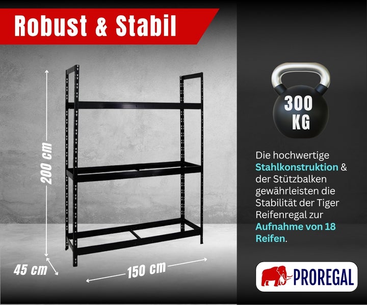 PROREGAL Tiger Reifenregal aus Stahl, Höhe 200 Zentimeter, Breite 150 Zentimeter, Tiefe 45 Zentimeter, Traglast 300 Kilogramm für 18 Reifen.
