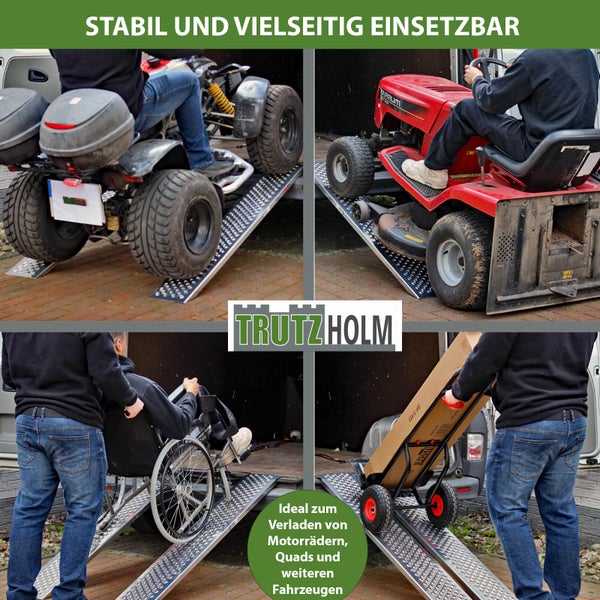 Anwendungsbeispiele für eine belastbare Laderampe mit Quad, Rasentraktor, Rollstuhl und Sackkarre; Marke Trutzholm
