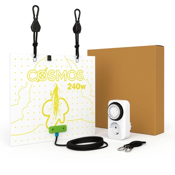 Cosmos 240 Watt LED Pflanzenlampe Set inklusive Zeitschaltuhr, verstellbaren Aufhängungen und Verpackung.