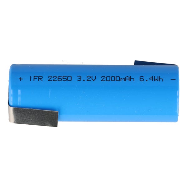 Blaue wiederaufladbare Lithium-Eisenphosphat-Batterie IFR 22650, 3,2 Volt, 2000 Milliamperestunden, 6,4 Wattstunden, mit Lötfahnen.