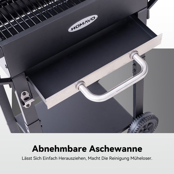 Detailansicht des Kohlegrills mit herausziehbarer Ascheschale und Homavo Logo.