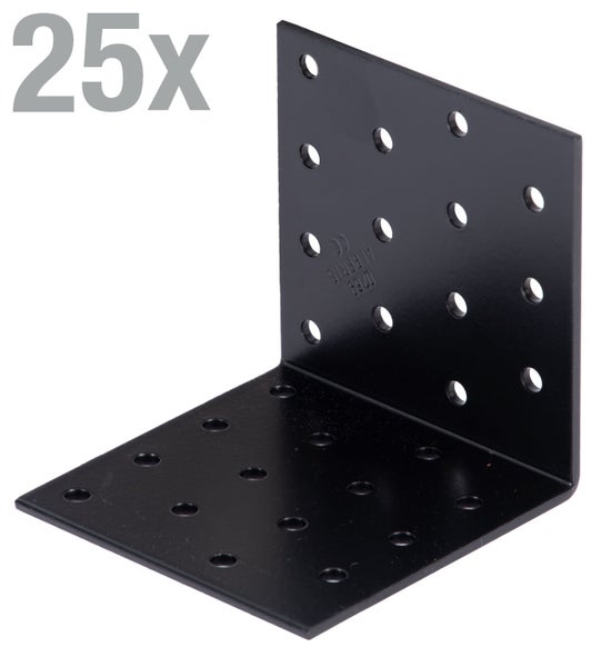 Set aus 25 Lochplattenwinkeln aus Metall mit Bohrungen zur stabilen Holzverbindung