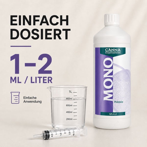 Canna Mono Kalium Dünger Flasche mit Messbecher und Spritze zur Dosierung