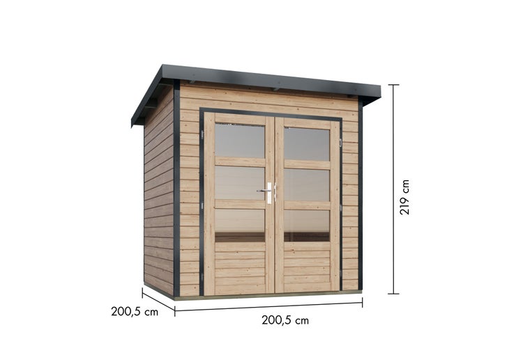 Gartenhaus mit geöffneter Doppelflügeltür aus unbehandeltem Holz, mit Metallrahmen, Zylinderschloss und Fenstern aus bruchsicherem Kunstglas.