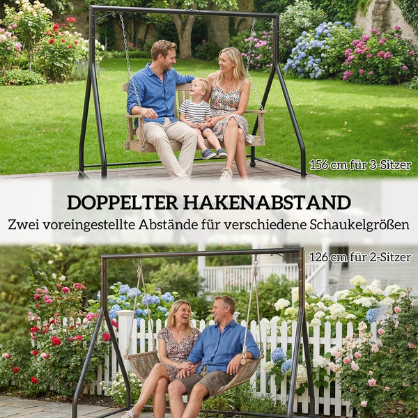Metallgestell für Gartenschaukeln mit zwei Hakenabständen von 156 Zentimeter für 3-Sitzer und 126 Zentimeter für 2-Sitzer in einem Garten.