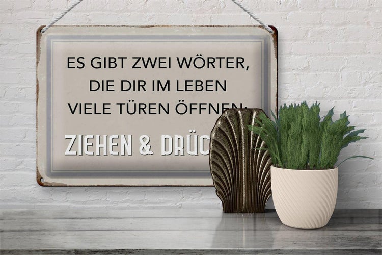 Blechschild Spruch 30x20cm gibt zwei Wörter Ziehen Drücken