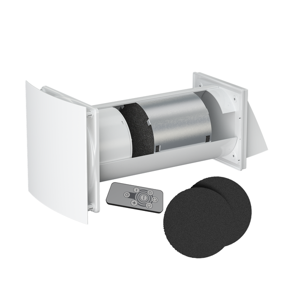 Dezentrales Lüftungsgerät mit Wärmerückgewinnung, Kunststoffgehäuse, Keramik-Wärmespeicher, Fernbedienung und runden Ersatzfiltern.