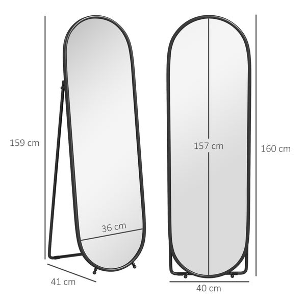 HOMCOM Ganzkörperspiegel, 160 x 40 cm Wandspiegel mit Ständer, Metallrahmen, Oval Standspiegel für Wohnzimmer, Schlafzimmer, Schwarz
