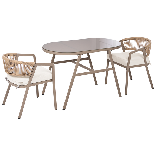 Gartengarnitur mit Tisch und zwei Stühlen mit Sitzkissen.