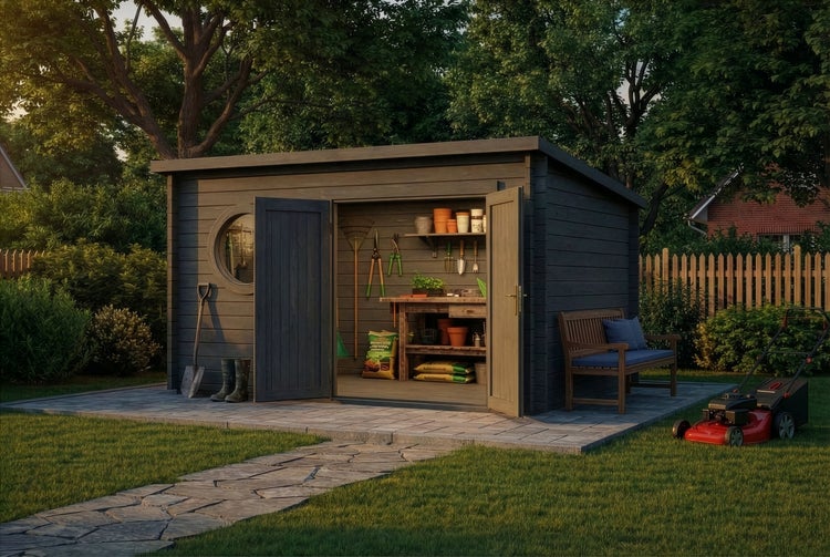 Modernes Gartenhaus aus grauem Holz mit Flachdach, Doppeltür und rundem Fenster auf einer Steinterrasse im Garten.