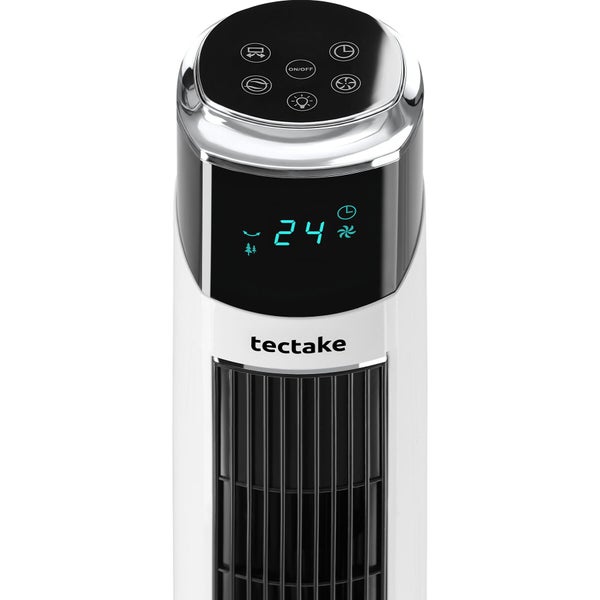 Turmventilator von tectake mit digitaler Anzeige 24 und Touch-Bedienfeld an der Oberseite sowie tectake Logo.