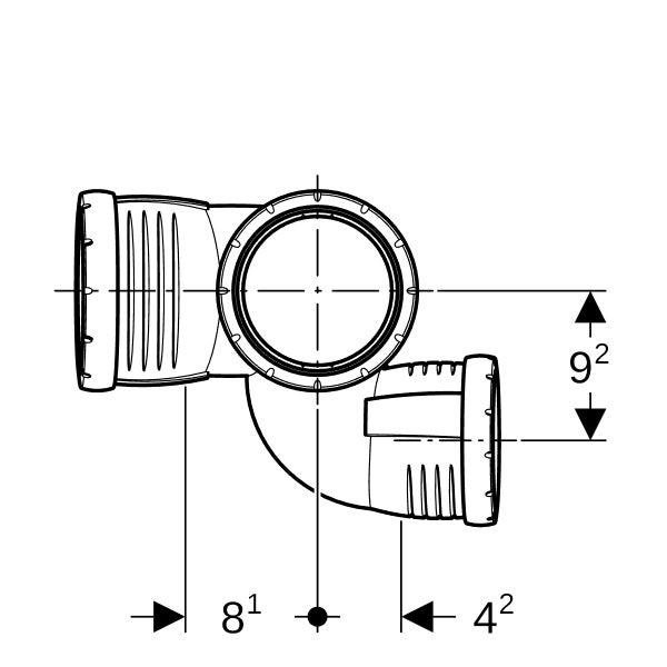 Technische Zeichnung eines Abflussrohr-Fittings mit Maßangaben.