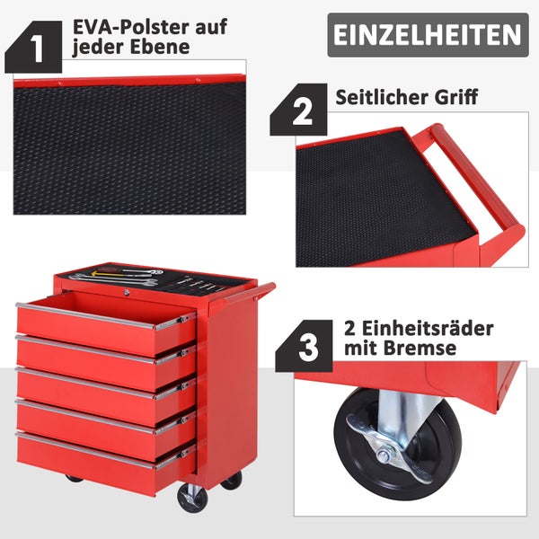 DURHAND Werkstattwagen mit Rollen, Werkzeugwagen mit 5 Schubladen, abschließbar Montagewagen mit Feststellbremse, Mobiler Rollwagen, Max. Belastung 150kg, Stahl, Rot