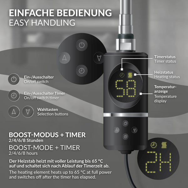 LuxeBath Heizstab 1200W Schwarz mit Thermostat und Digitalanzeige, Elektronischer Temperaturregler und Timer-Funktion, Heizpatrone Heizelemente für Badheizkörper Heizungen, Elektroheizstab mit Stecker