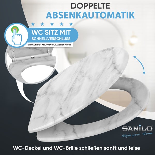 WC-Sitz mit Marmor-Optik, doppelter Absenkautomatik für sanftes Schließen und Schnellverschluss zur einfachen Abnahme. Sanilo Logo.
