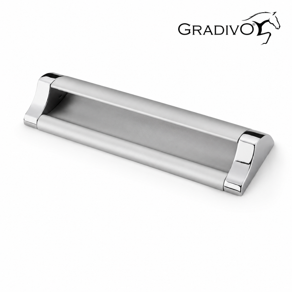 Gradivo Möbelgriff mit matter und polierter Metalloberfläche und Gradivo Logo.