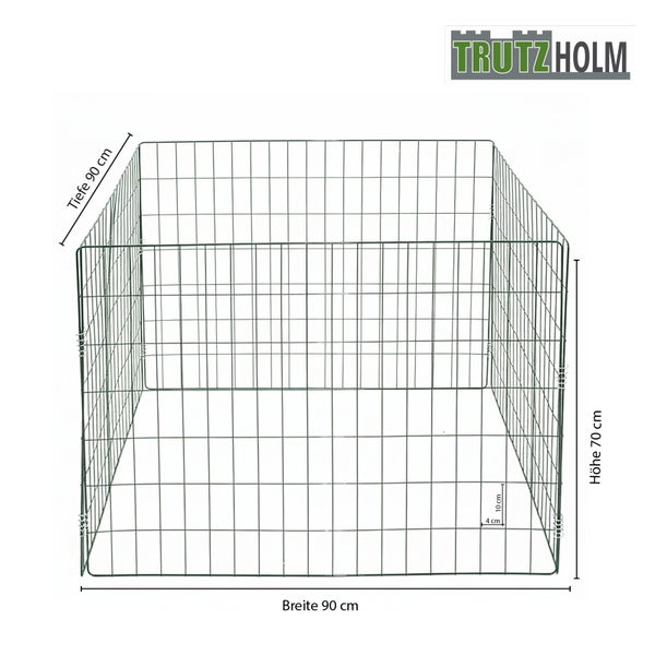 Trutzholm Drahtkomposter, 90 Zentimeter breit, 90 Zentimeter tief, 70 Zentimeter hoch, Maschenweite 4 mal 10 Zentimeter. Trutzholm Logo.