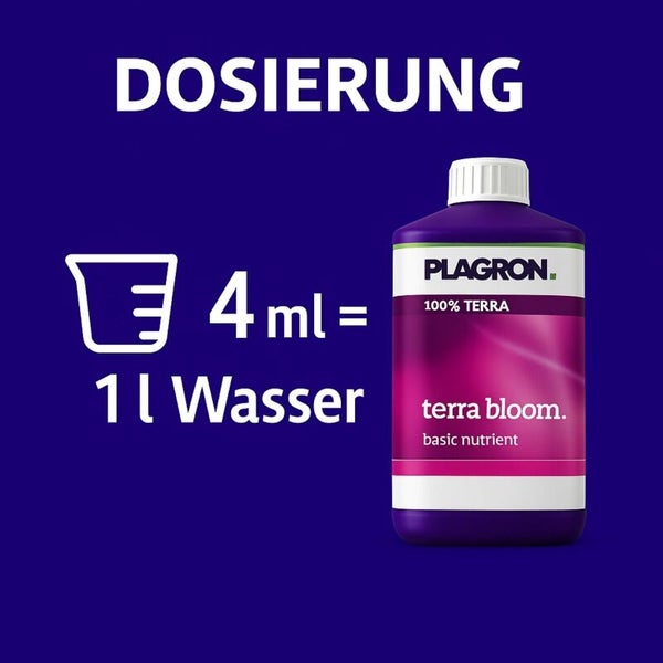 Dosierungsinformationen für Plagron Terra Bloom Basisdünger: 4 ml auf 1 Liter Wasser.