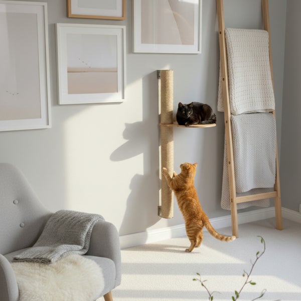 Wandkratzbaum mit Sisalstamm und Liegeplattform montiert an einer Wohnzimmerwand mit zwei Katzen.
