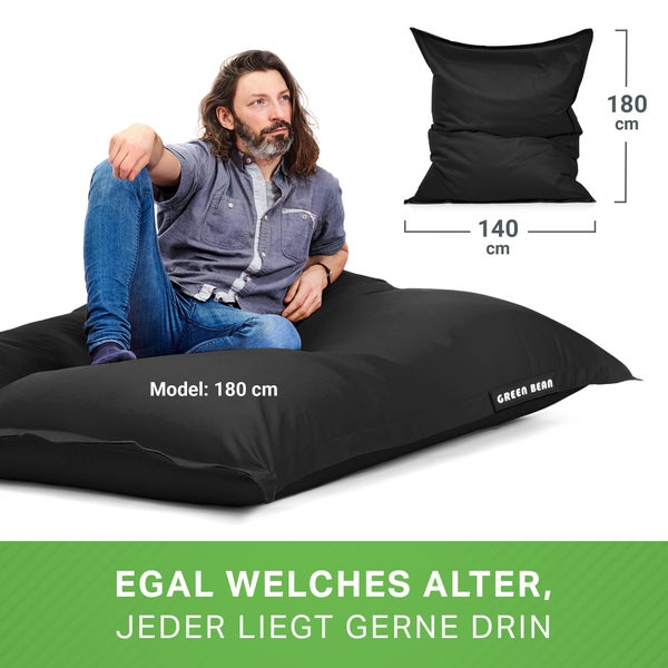 Green Bean 2er Set XXL Sitzsack inkl. Pouf fertig befüllt mit EPS-Perlen - Riesensitzsack 140x180 Lounge Sitz-Kissen Bean-Bag Chair  - Schwarz