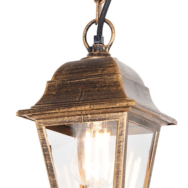 Klassische Außenhängeleuchte in Laternenform aus Metall mit Glasfenstern und antikem Finish.