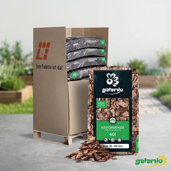 Galamio Kiefernrinde grob 20 bis 60 Millimeter, 60 Liter Sack, Palette mit mehreren Säcken im Versandkarton.