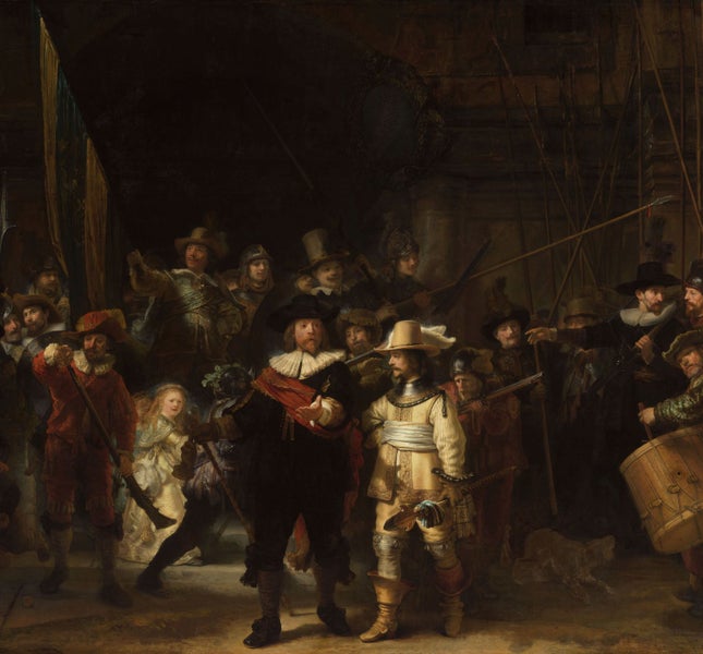Die Nachtwache von Rembrandt van Rijn zeigt eine Gruppe von Milizionären in dunkler Umgebung.