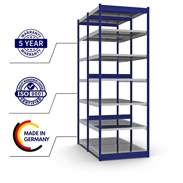 PROREGAL Fachbodenregal Stecksystem Vierkant-Profil Grundregal HxBxT 300 x 102,5 x 80 cm 2x7 Ebenen Doppelseitige Bauart Fachlast 200 kg Enzianblau