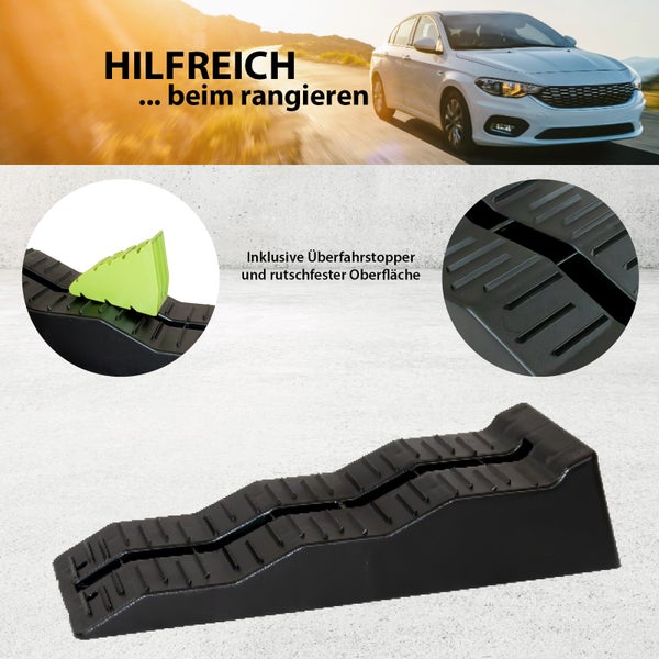 Schwarze Auffahrrampe mit Überfahrstopper und rutschfester Oberfläche für Autos