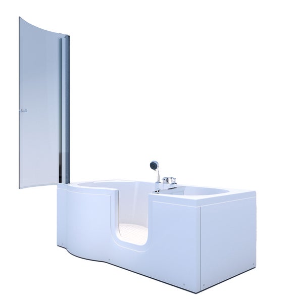 Barrierefreie Badewanne mit niedriger Einstiegstür, klappbarem Glasaufsatz, Armatur und Handbrause.
