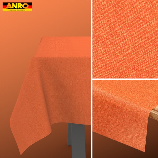 Orangene ANRO Tischdecke mit feiner Gewebestruktur, Detailansicht der Oberfläche und Kante. ANRO Deutsche Manufaktur Logo.