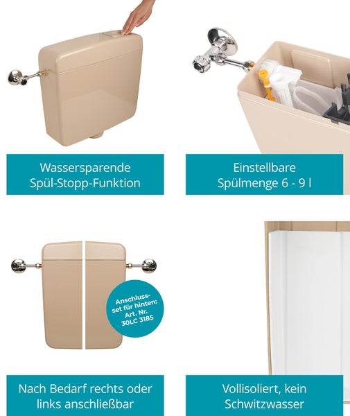 Calmwaters® Spülrandloses Stand WC mit waagerechtem Abgang, Komplettset mit Aufputz-Spülkasten und WC Sitz in Bahamabeige-Beige, Tiefspüler aus Sanitärkeramik, WC Sitz mit Absenkautomatik, 99000181