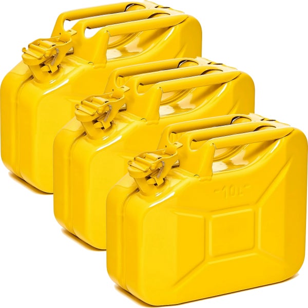 Drei gelbe 10-Liter-Kraftstoffkanister