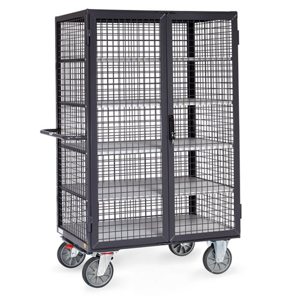 Rollbarer Gitterwagen mit Regalböden und abschließbaren Türen.